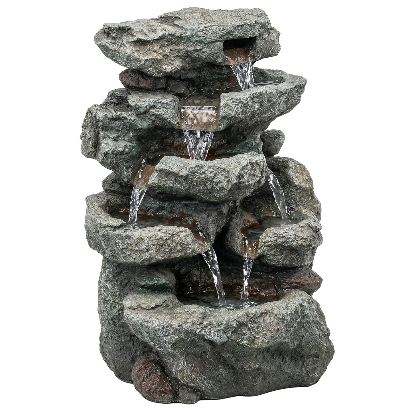 Photo of Outsunny Outdoor Fountain with 6-Tier Rock Design, Waterfall Feature with LED Lights, Resin Freestanding Garden Fountain, Grey in Grey colour on a white background