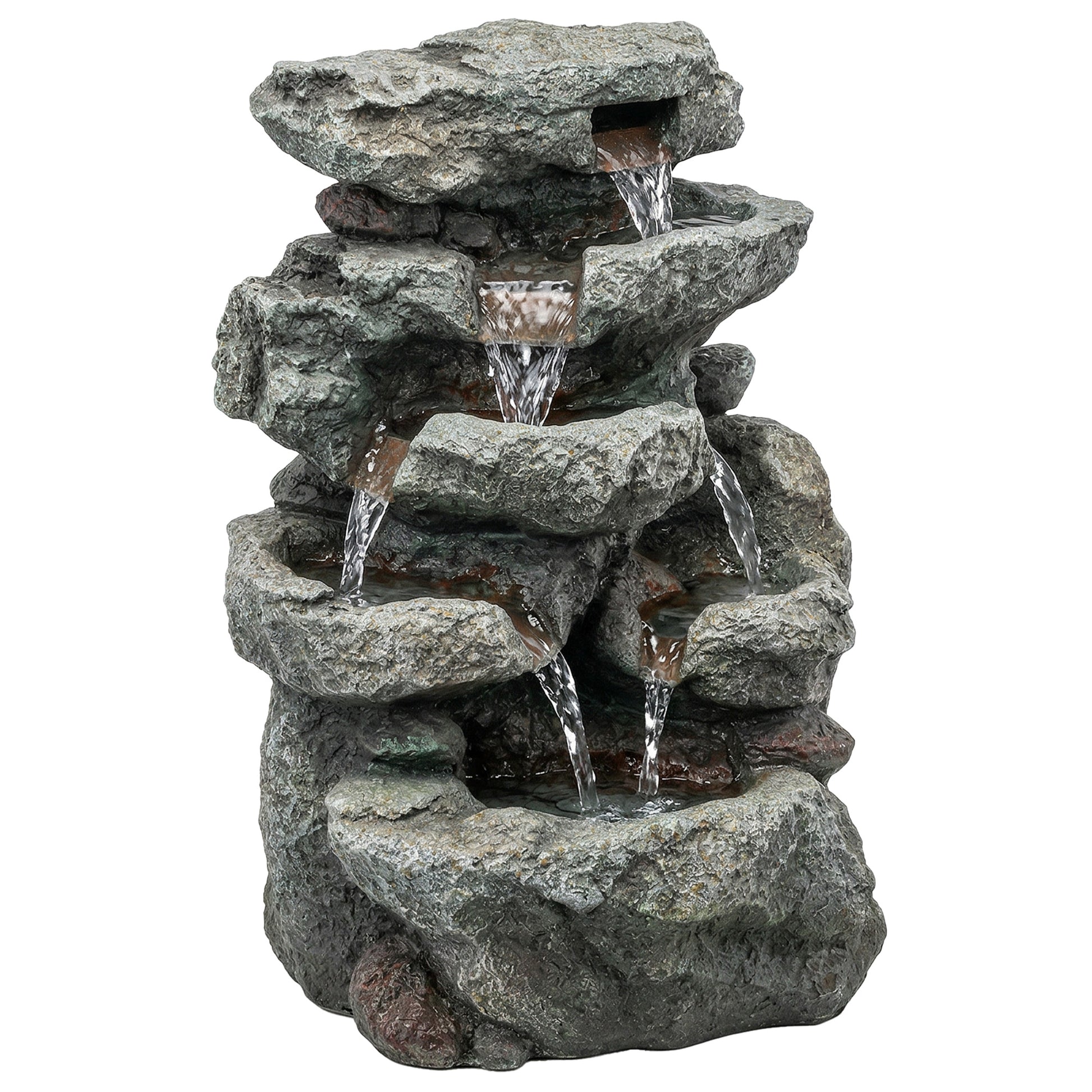 Photo of Outsunny Outdoor Fountain with 6-Tier Rock Design, Waterfall Feature with LED Lights, Resin Freestanding Garden Fountain, Grey in Grey colour on a white background