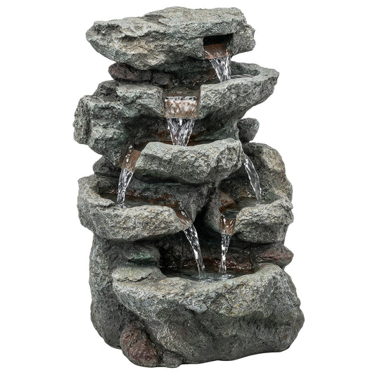 Photo of Outsunny Outdoor Fountain with 6-Tier Rock Design, Waterfall Feature with LED Lights, Resin Freestanding Garden Fountain, Grey in Grey colour on a white background