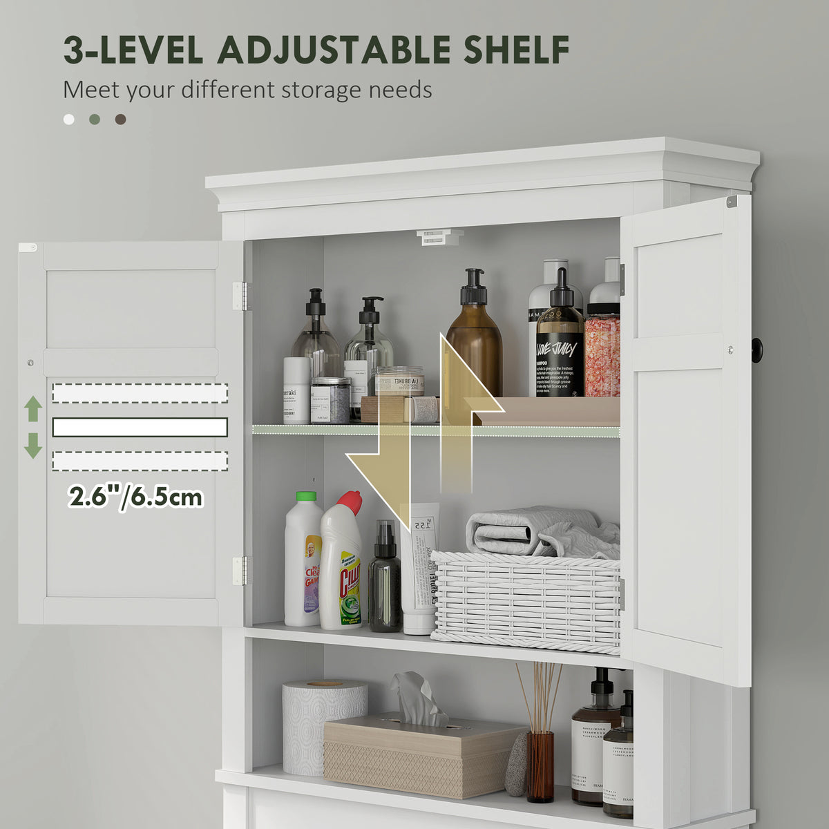 HOMCOM white storage cabinet with adjustable interior shelves and two open doors