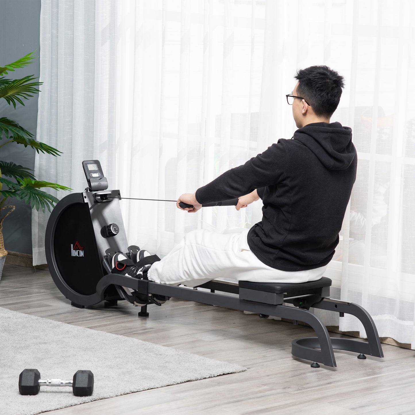 HOMCOM Folding Rowing Machine with 16-Level Adjustable Magnetic Resistance, Aluminium Side Rail, Digital Monitor, Cardio Workout Rower, 130kg Weight Capacity for Home, Gym, Office