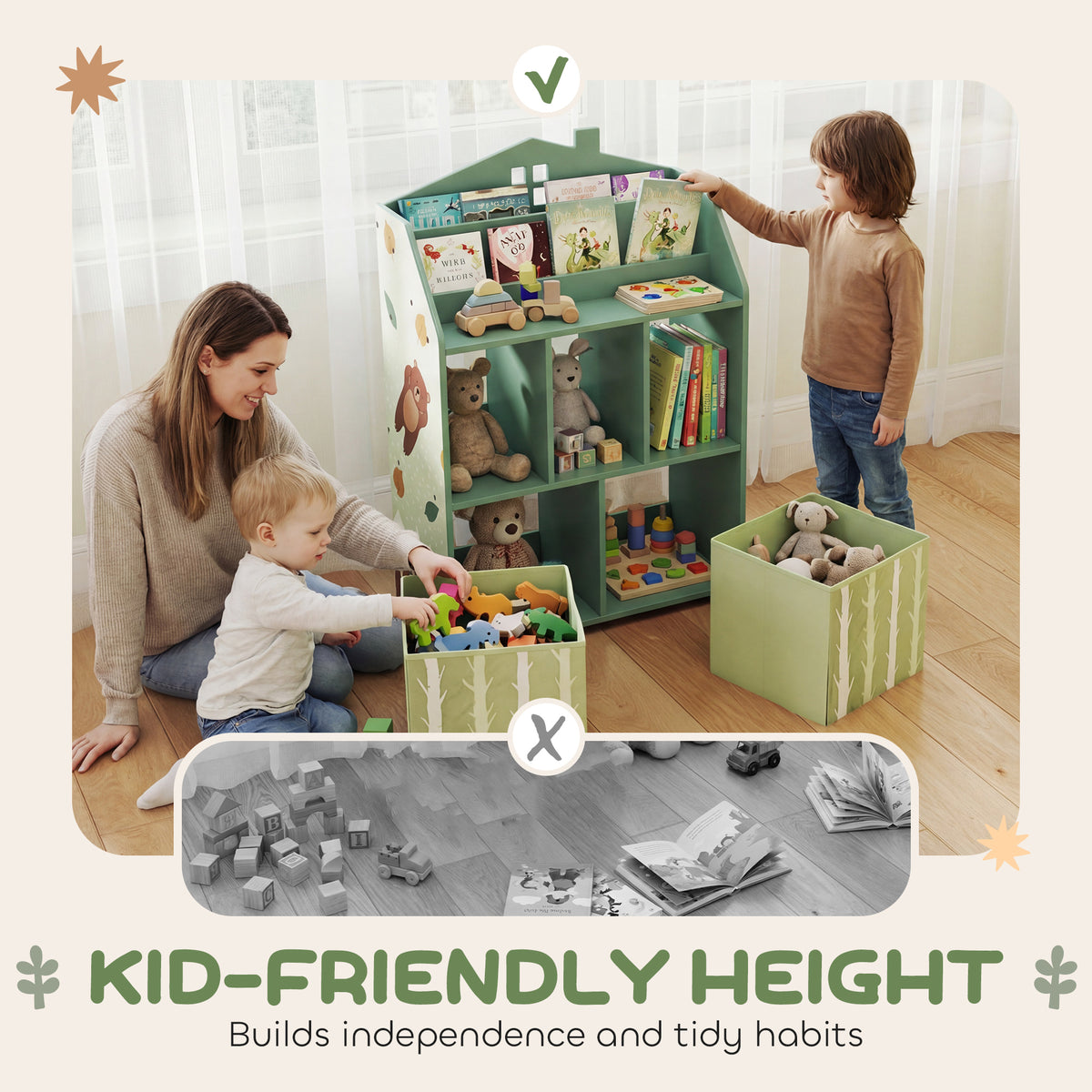 AIYAPLAY Kids Bookshelf with Storage, Toy Storage Unit with Book Display, Shelves and Fabric Drawers for Playroom Nursery, Green
