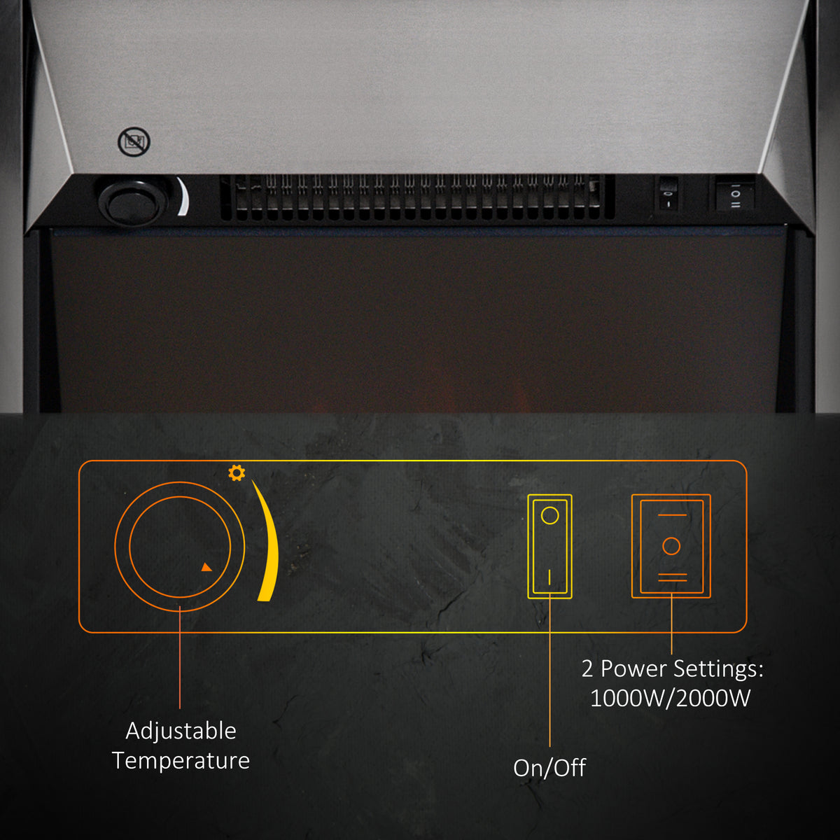 Electric fireplace heater controls for adjustable temperature, on/off, and 1000W or 2000W power