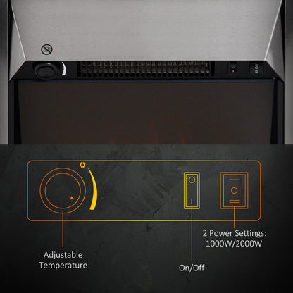 Electric fireplace heater controls for adjustable temperature, on/off, and 1000W or 2000W power