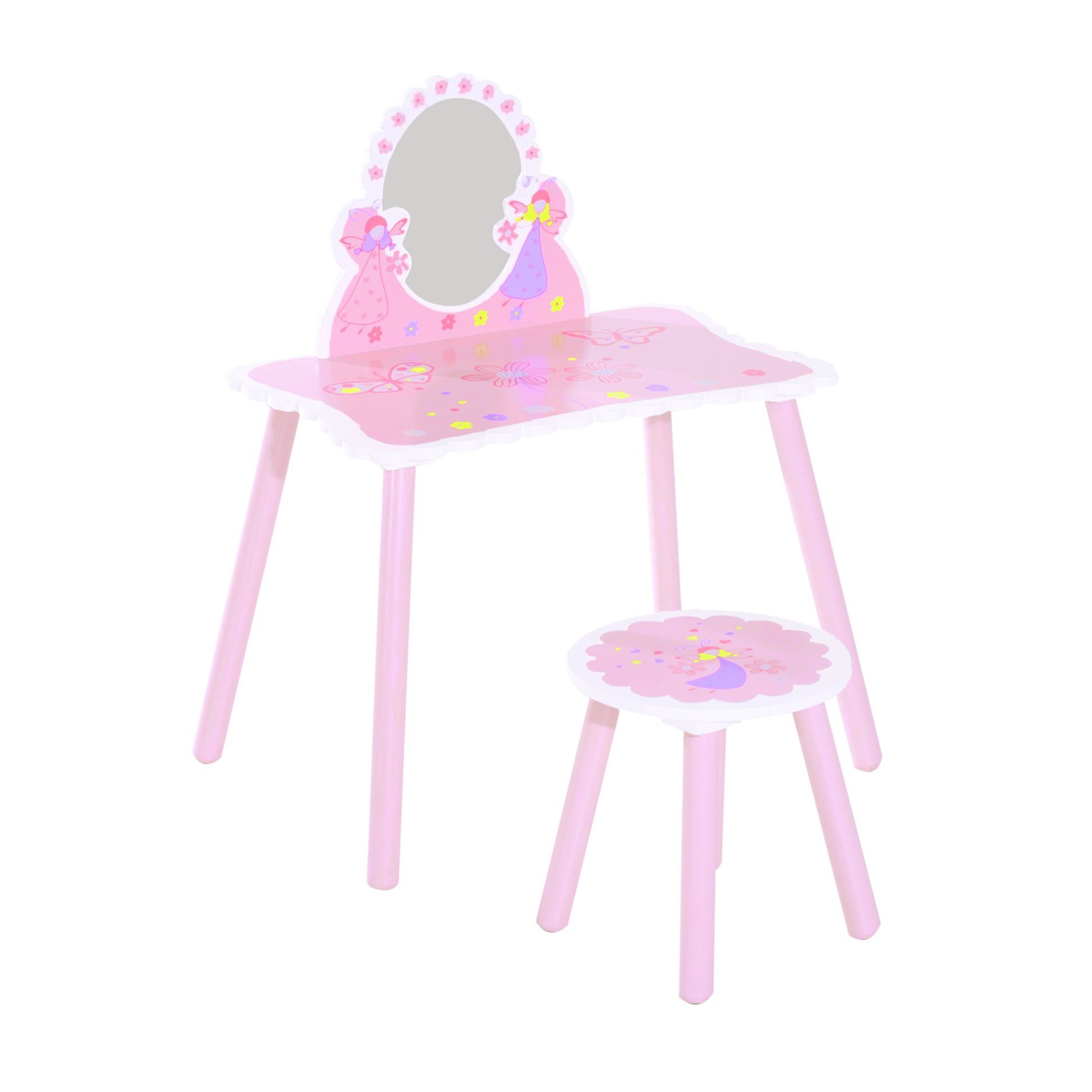 Photo of HOMCOM Kids Dressing Table Girls Pink Wooden Kids Dressing Table & Stool Make Up Desk Chair Toys Fairy Dresser Play Set w/Mirror in w/Mirror colour on a white background