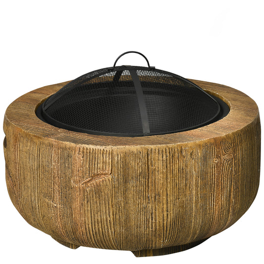 Photo of Outsunny Outdoor Fire Pit, 61.5 cm Metal Wood Burning Fireplace with Spark Cover, Poker, Woodgrain Design in Design colour on a white background