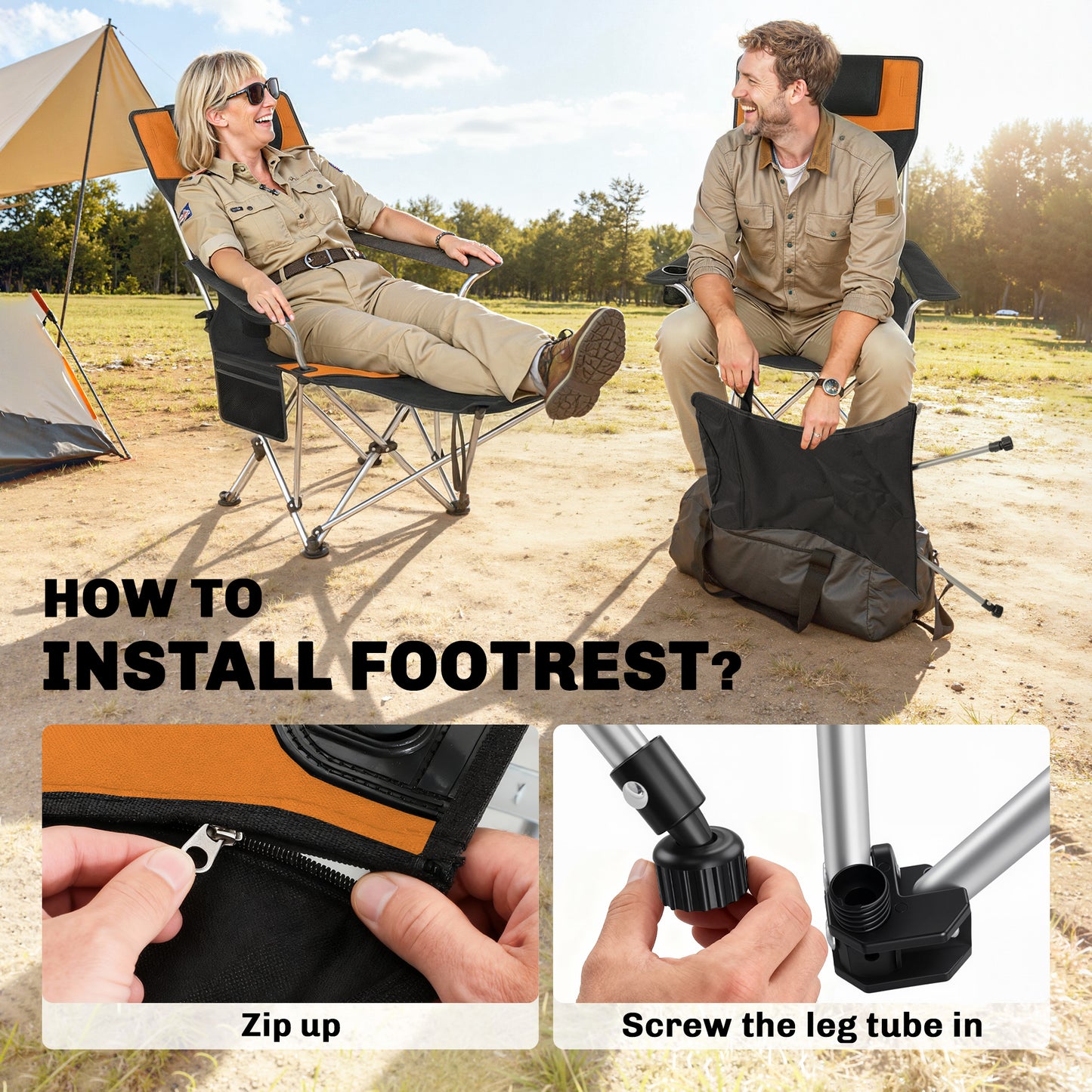 Outsunny Set of 2 Reclining Folding Camping Chair w/ Detachable Footrest, Storage Bag, Cup Holder & Headrest, Lightweight Portable Camp Chair for Beach, Picnic, Orange and Black