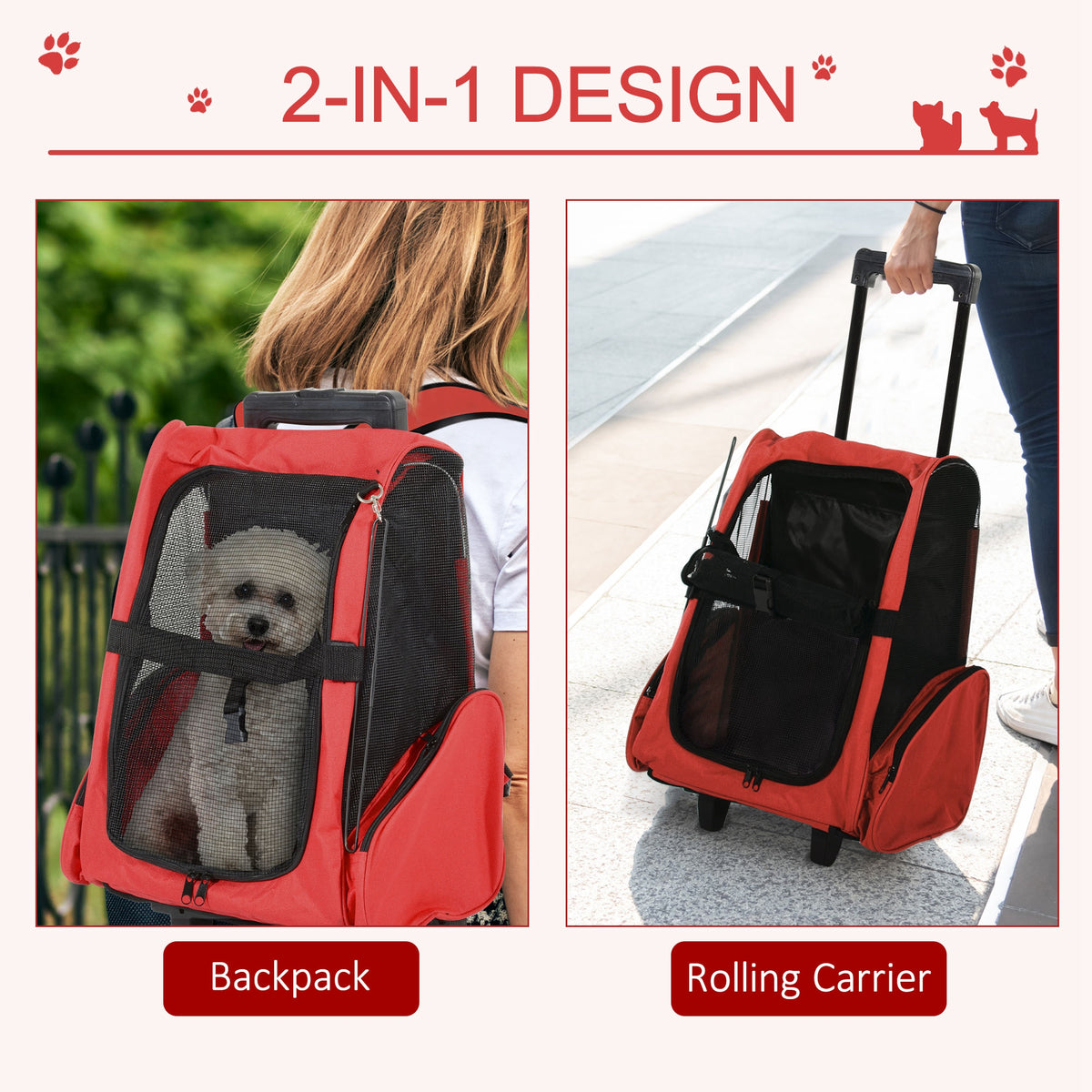 PawHut 2 in 1 Dog Backpack and Trolley, Pet Travel Backpack Cat Dog Carrier with Telescopic Handle, Portable Pet Stroller Wheel Luggage Bag (Red)