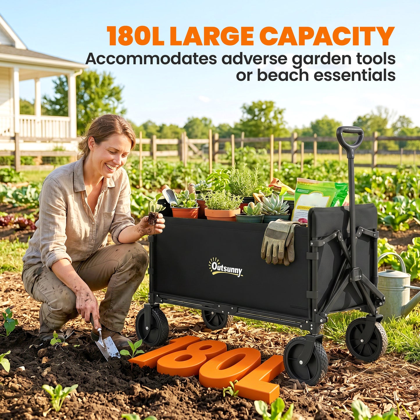 Outsunny 180L Festival Trolley on Wheels, Folding Compact Camping Trolley Cart with Adjustable Handle, 120 KG Capacity for Garden, Beach, Fishing, Black