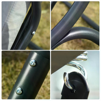 Outsunny swing chair close-ups of black metal frame joints, bolts, and canopy hook