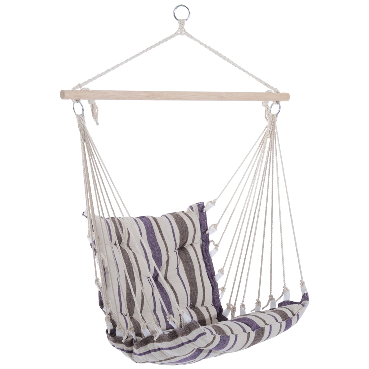Photo of Outsunny Outdoor Hanging Rope Chair with Soft Padded Seat & Backrest, Garden Hammock Chair with Wooden Support Bar Cotton Cloth, Portable Garden Chair for Patio & Tree, Brown in Brown colour on a white background