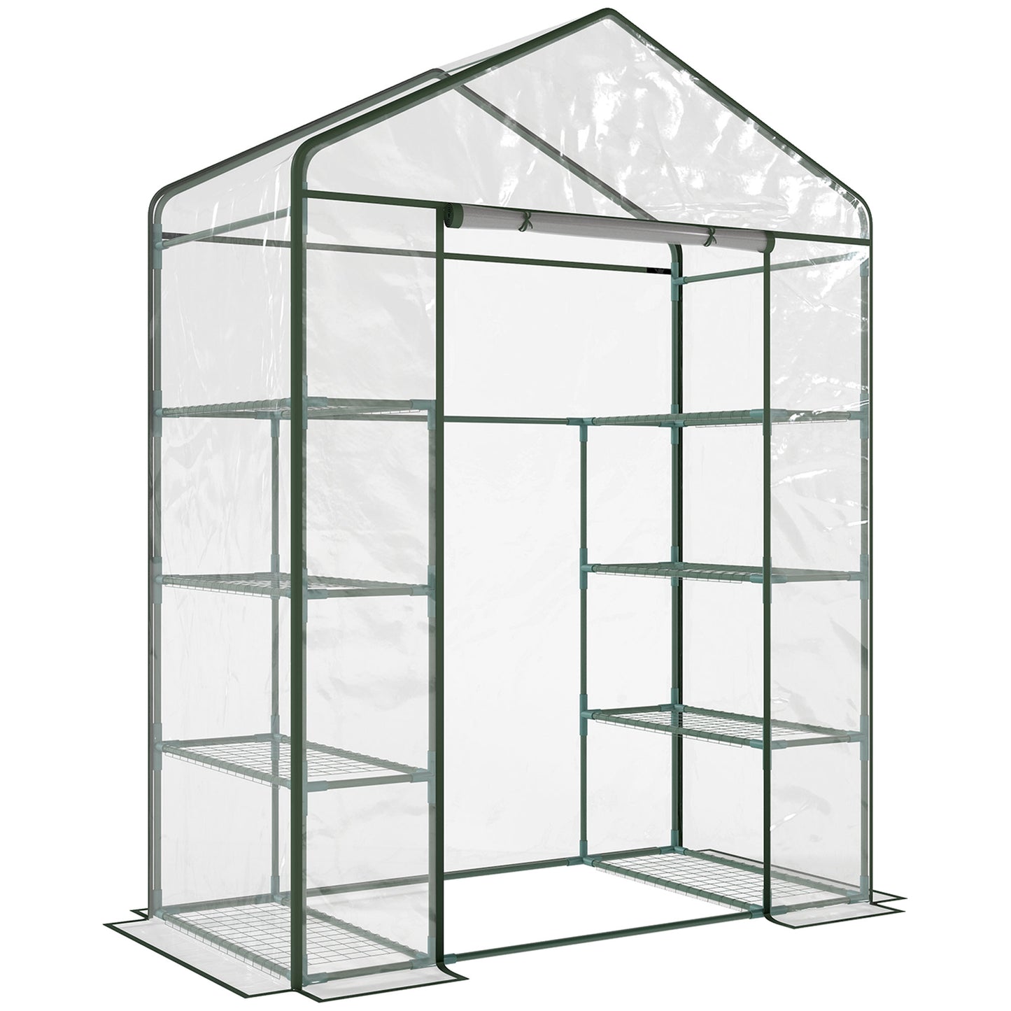 Photo of Outsunny Walk in Greenhouse with 4-Tier 8 Shelves, Green House with Hemmed Cover, Roll-up Zipped Door, Steel Frame, 143 x 73 x 195cm in 195cm colour on a white background