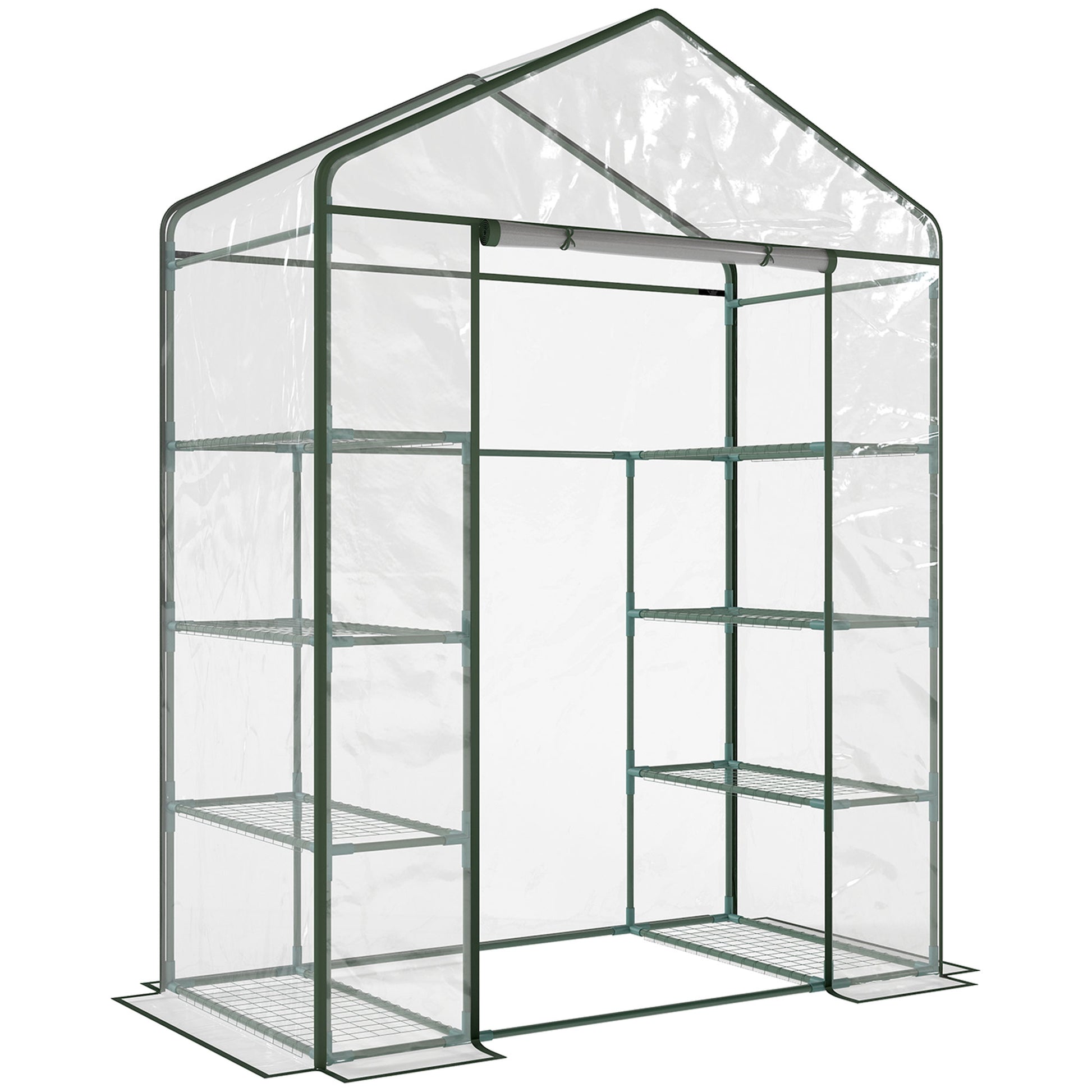 Photo of Outsunny Walk in Greenhouse with 4-Tier 8 Shelves, Green House with Hemmed Cover, Roll-up Zipped Door, Steel Frame, 143 x 73 x 195cm in 195cm colour on a white background