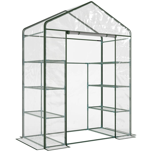 Photo of Outsunny Walk in Greenhouse with 4-Tier 8 Shelves, Green House with Hemmed Cover, Roll-up Zipped Door, Steel Frame, 143 x 73 x 195cm in 195cm colour on a white background