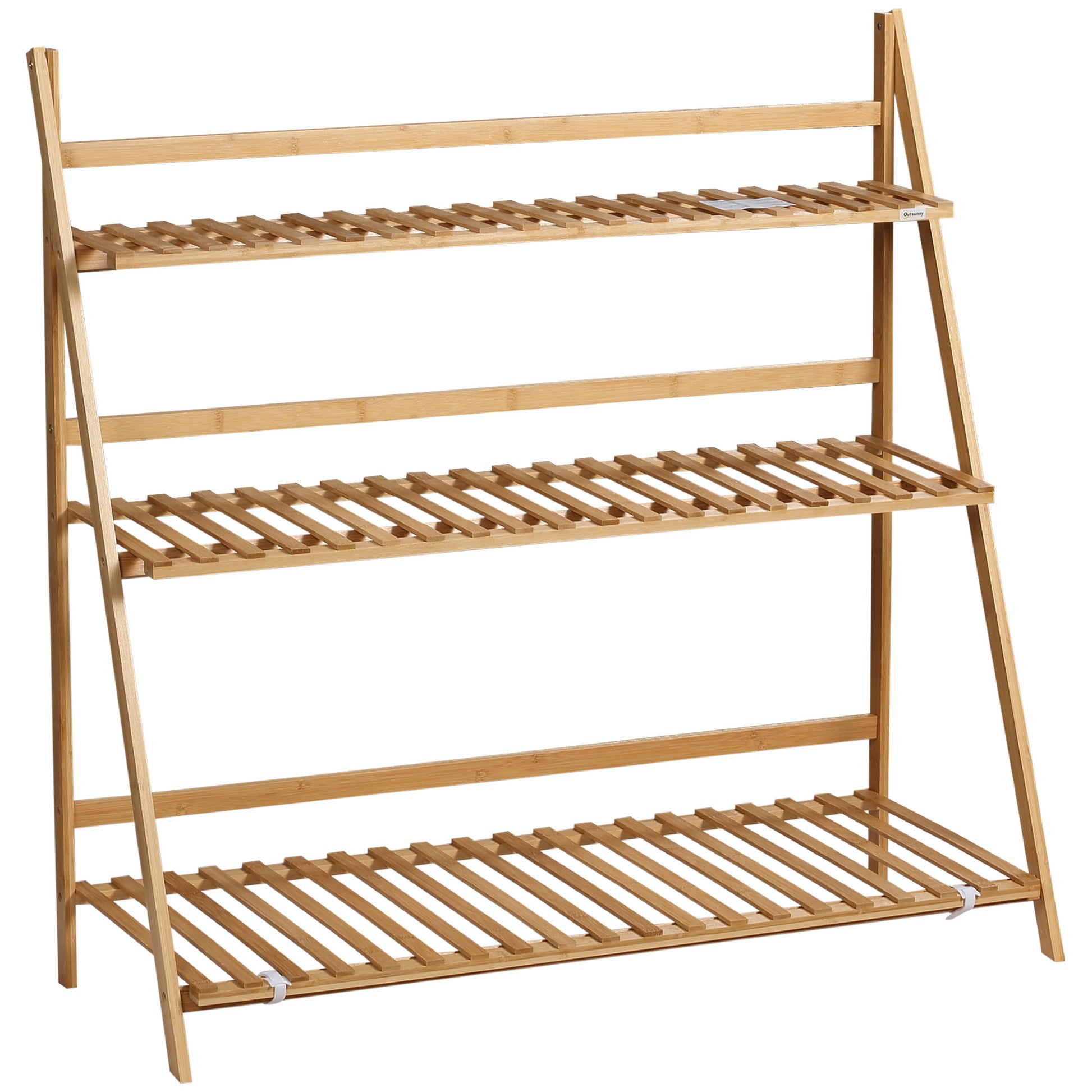 Photo of Outsunny 3-Tier Plant Stand, Plant Shelf Rack, Folding Bamboo Display Stand, 98x37x96.5cm, Natural in Natural colour on a white background