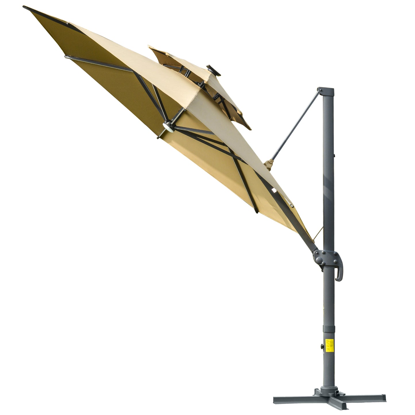Photo of Outsunny 3m Cantilever Parasol with Solar Lights, Power Bank Base 360° Spin, Khaki in Khaki colour on a white background