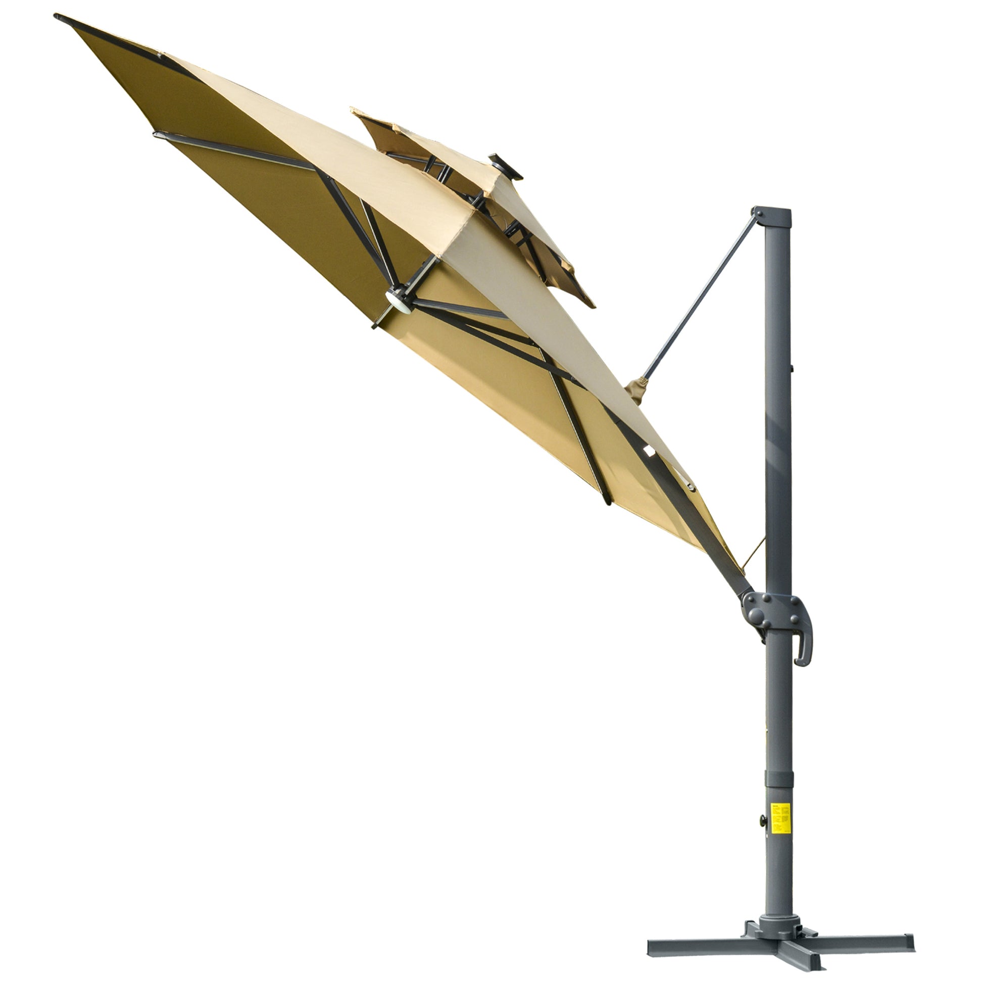 Photo of Outsunny 3m Cantilever Parasol with Solar Lights, Power Bank Base 360° Spin, Khaki in Khaki colour on a white background