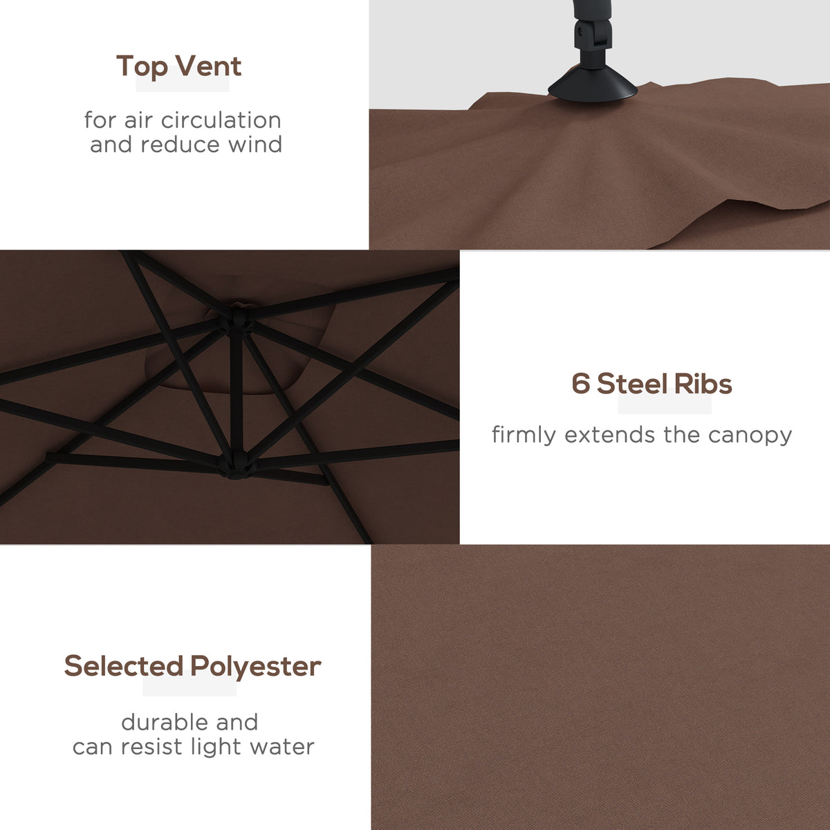 Outsunny 3m Square Canopy Cantilever Parasol, with Cross Base - Brown