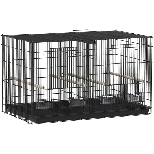Photo of PawHut Bird Cage with Divider, 4 Wooden Perches, Slide Out Tray, 4 Feeders, for Budgie, Lovebird, Canary, 76 x 46 x 46cm, Black in Black colour on a white background
