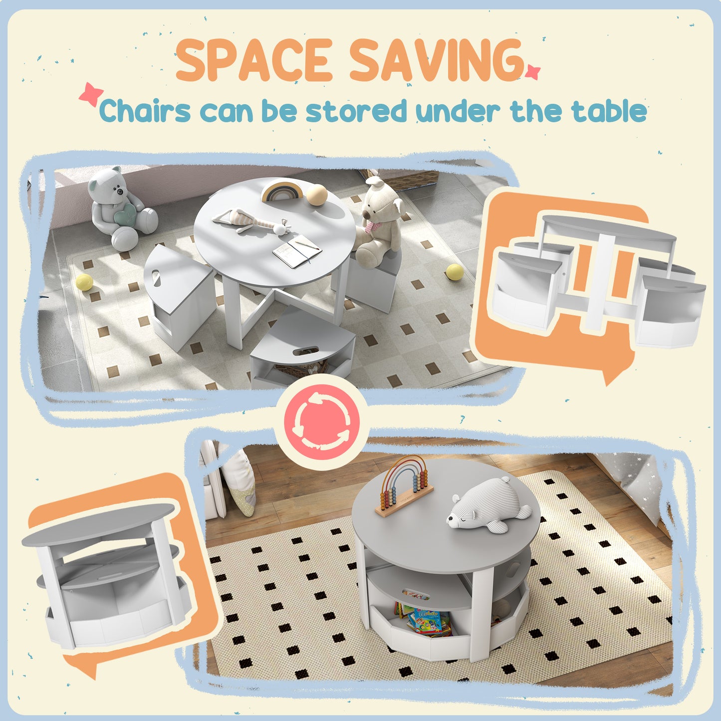 AIYAPLAY Five-Piece Kids Table and Chairs Set with Storage, for Ages 3-8 Years, Grey