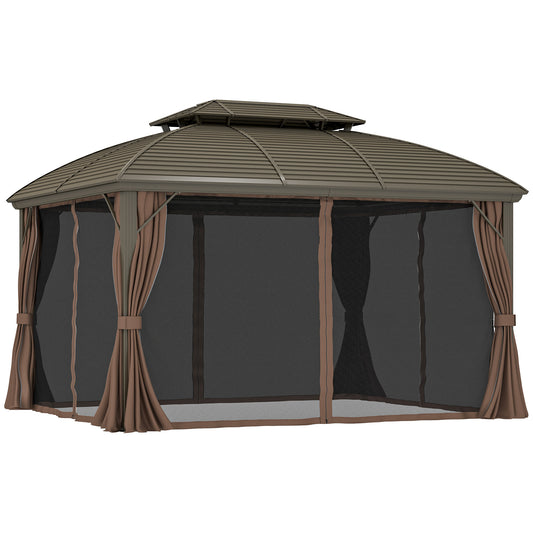 Photo of Outsunny 3.65 x 3(m) Hardtop Steel Gazebo Canopy with Aluminium Frame, Double Roof, Net Sidewalls and Curtains, Coffee in Coffee colour on a white background