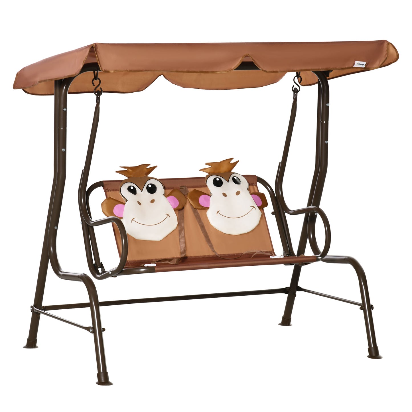 Photo of Outsunny 2 Seater Kids Garden Swing Seat, Children Outdoor Patio Lounge Chair for Gardens w/ Adjustable Awning, Seatbelt, Monkey Pattern - Brown in Brown colour on a white background