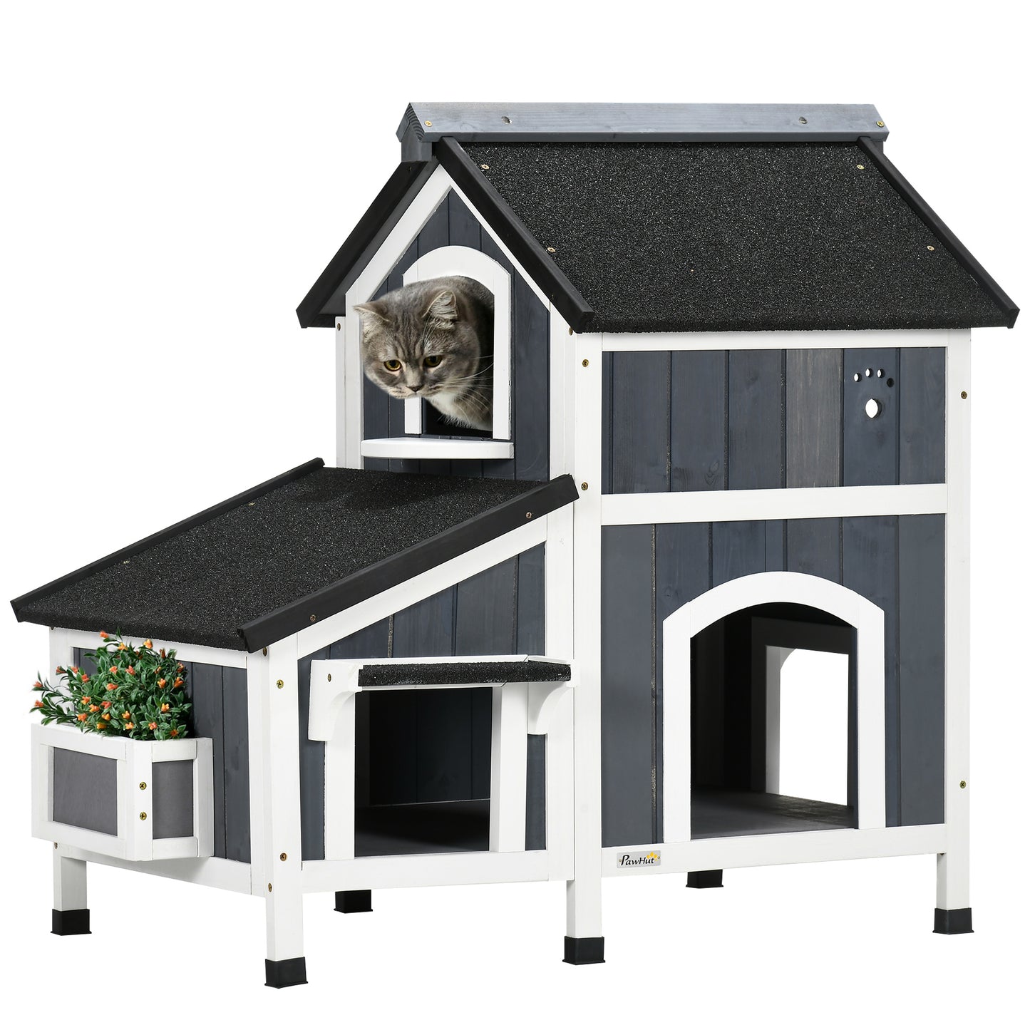 Photo of PawHut Wooden Cat House with Flower Pot, Windows, Multiple Entrances, Water-Resistant Roof for Outdoor - Grey in Grey colour on a white background
