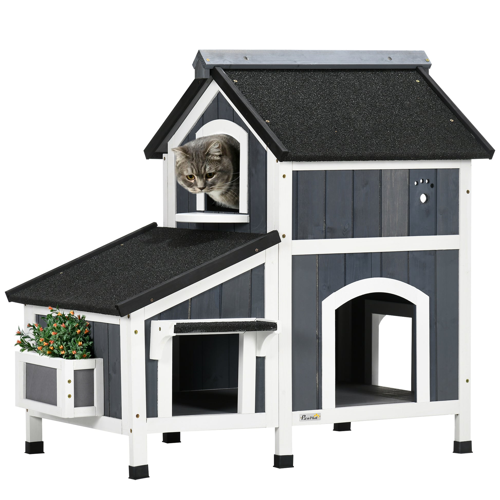 Photo of PawHut Wooden Cat House with Flower Pot, Windows, Multiple Entrances, Water-Resistant Roof for Outdoor - Grey in Grey colour on a white background