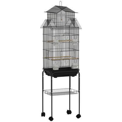 PawHut tall black metal bird cage with peaked roof, stand, wheels, and storage shelf