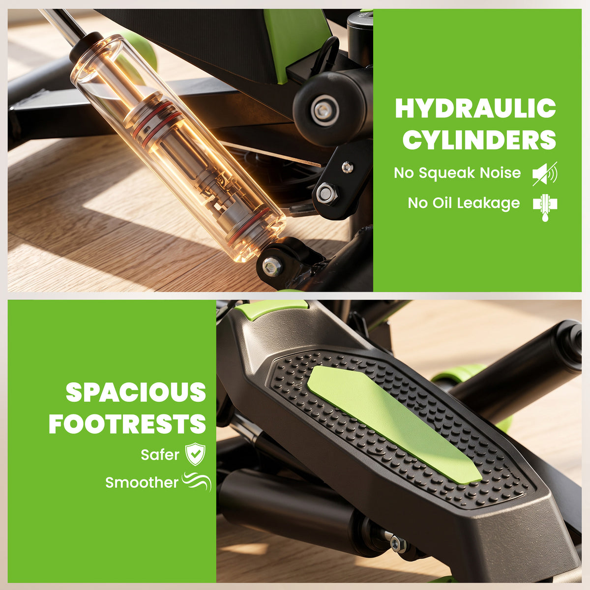 HOMCOM stepper close-ups of hydraulic cylinder and textured foot pedal