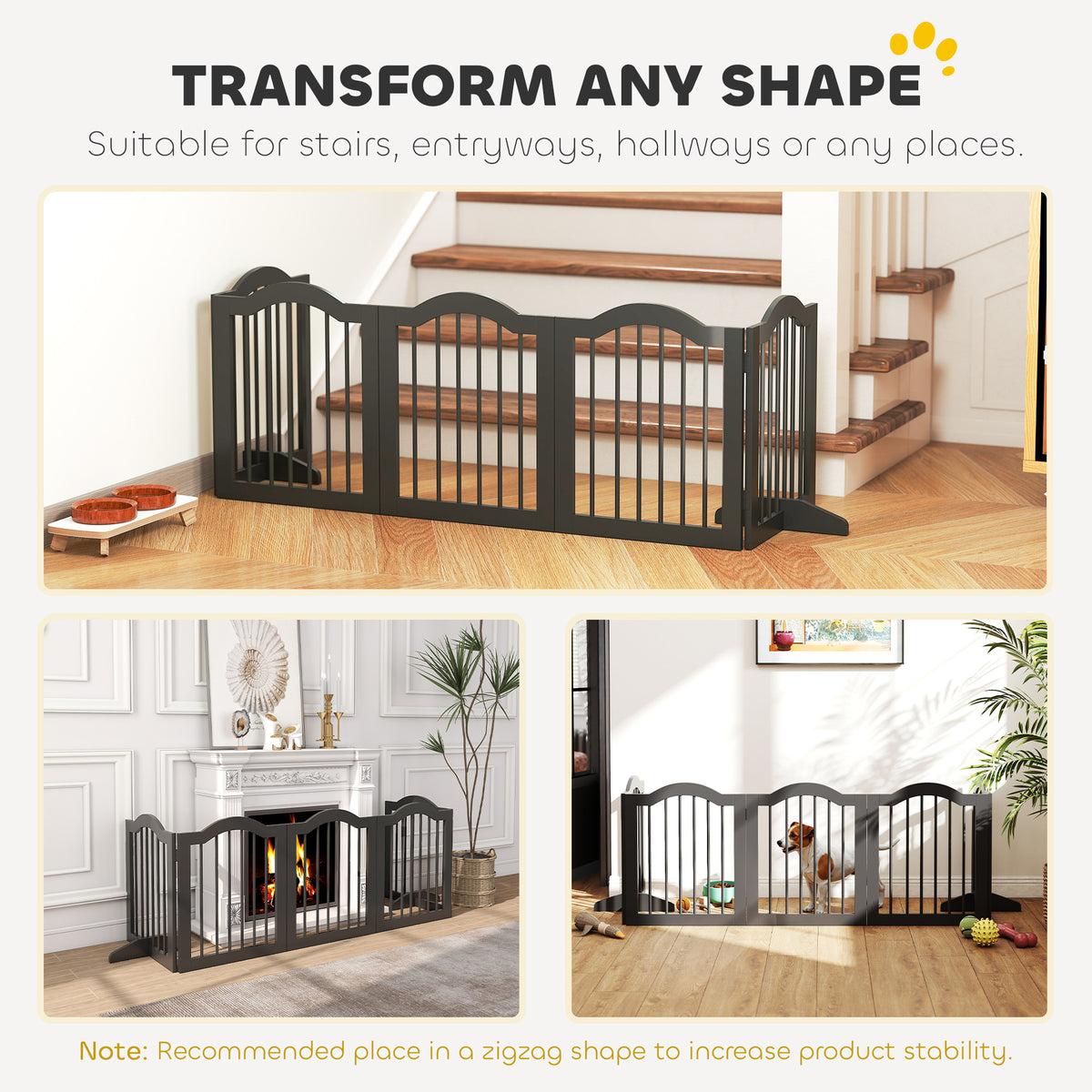 PawHut Freestanding Dog Gate Wooden Stair Gate for Dogs with Support Feet Foldable Pet Fence Safety Barrier for the House Doorway Stairs Black
