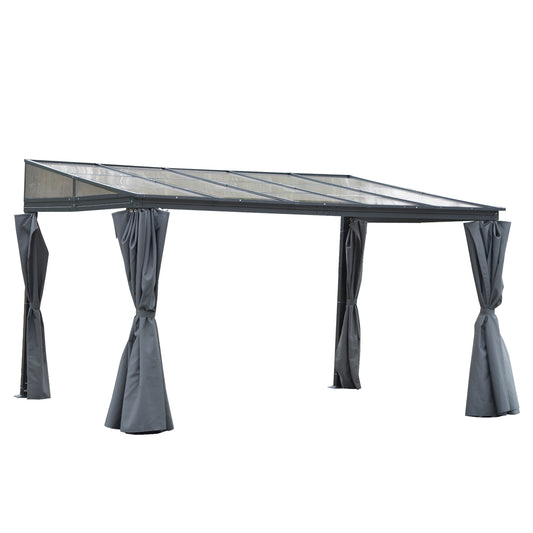 Photo of Outsunny 4 x 3(m) Outdoor Hardtop Gazebo with Curtains, Lean to Aluminium Pergola with Polycarbonate Roof, Garden Pavilion Sun Shade Shelter, Grey in Grey colour on a white background