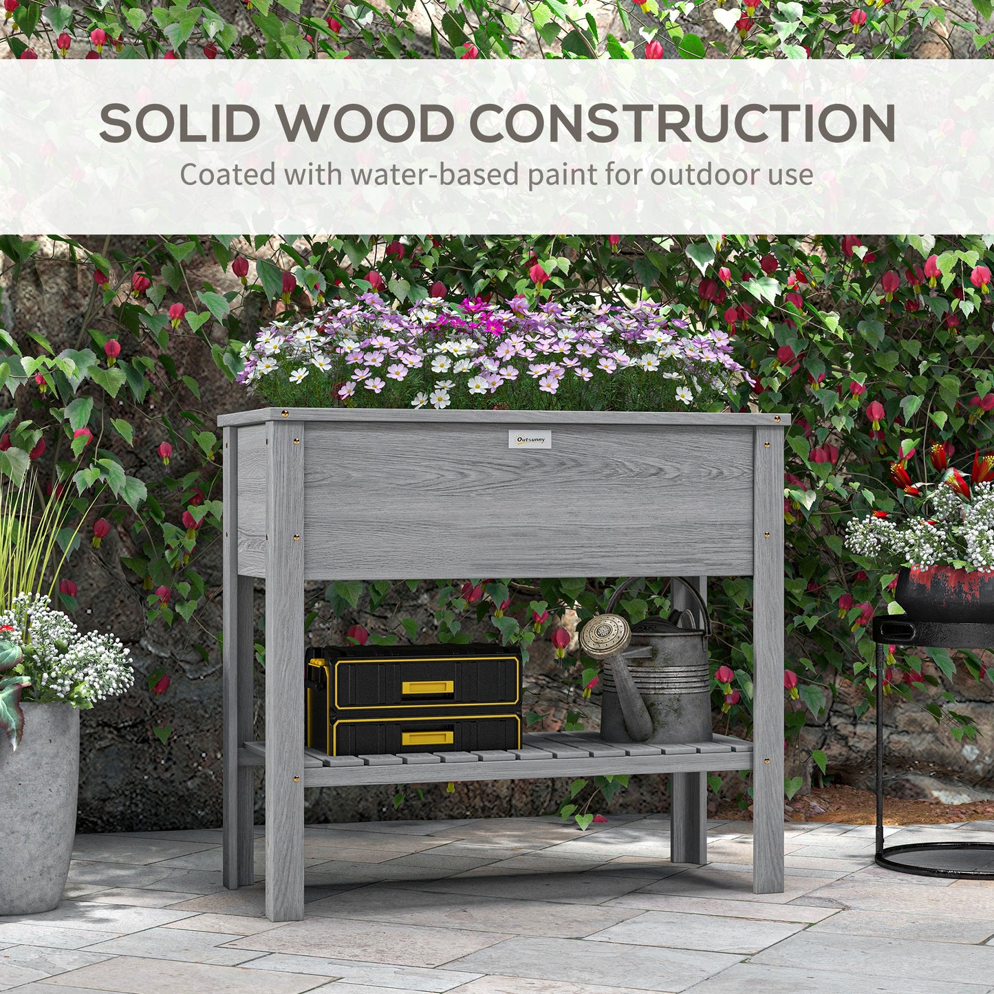 Outsunny Wooden Raised Garden Bed, Elevated Planter Box with Storage Shelf and Drainage Holes, Raised Planter with Legs, Grey