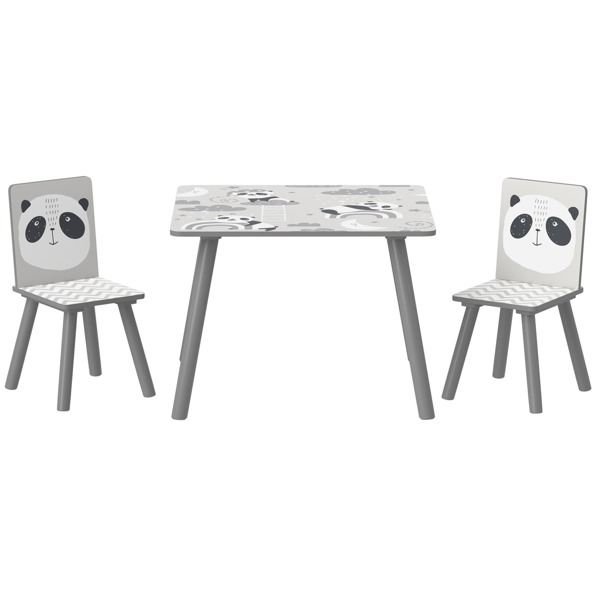ZONEKIZ gray toddler table and two chairs with panda backrests and patterned tops
