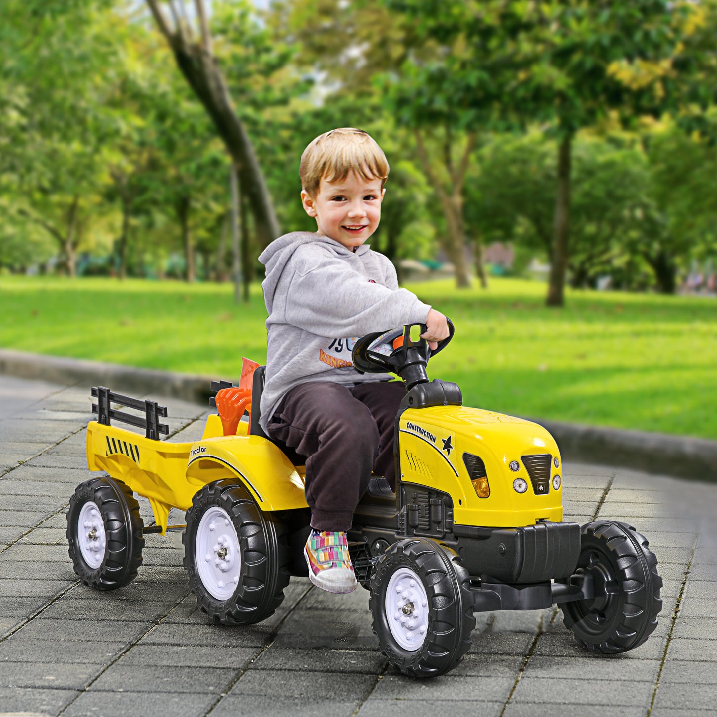 HOMCOM Kids Ride on Tractor with Back Trailer, Shovel & Rake, Horn, Four Wheels Tractor Toy for Child Toddler