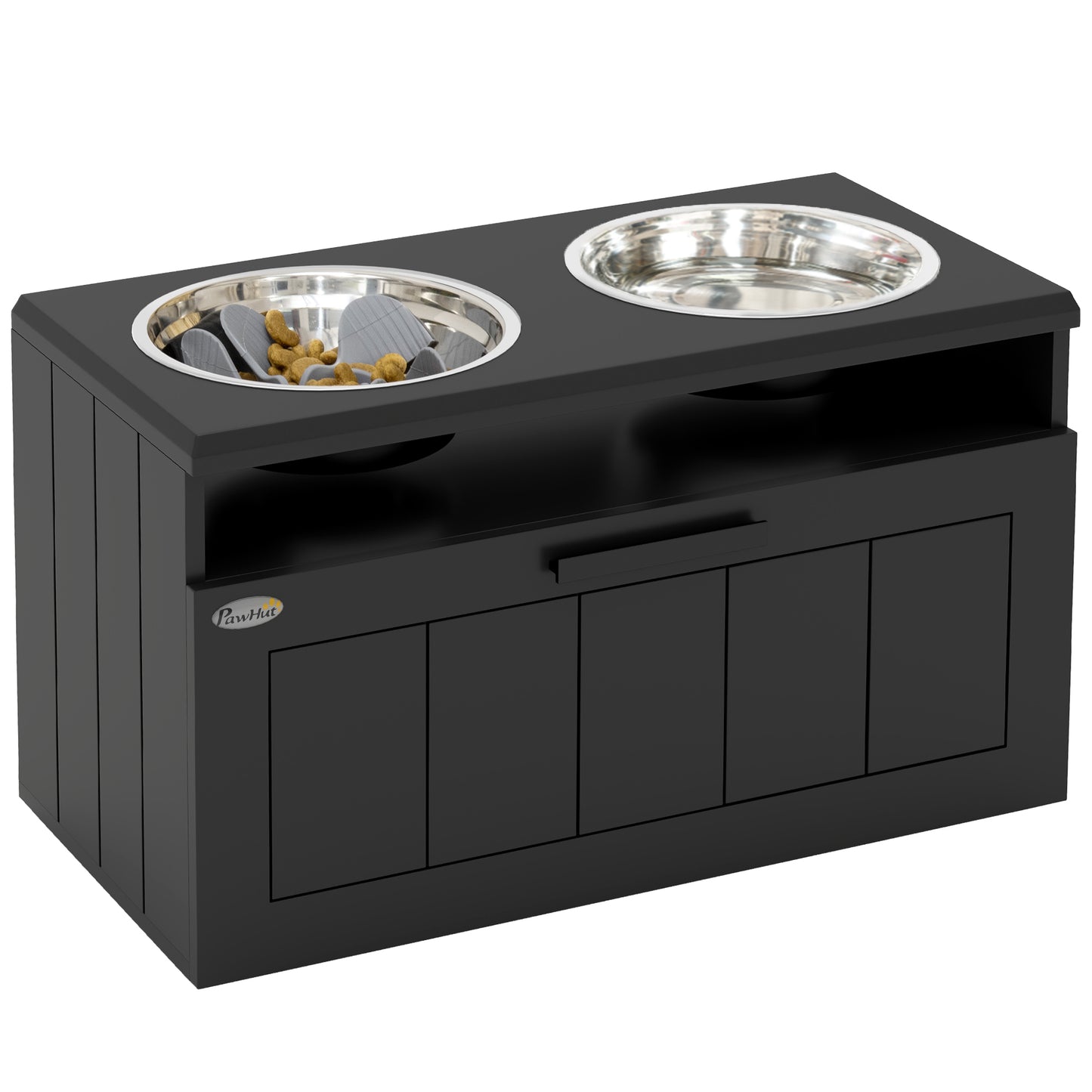 Photo of PawHut Raised Dog Bowl with Slow Feeder, Two Stainless Steel Dog Bowls, Drawer, for Large and Extra Large Dogs, Black in Black colour on a white background