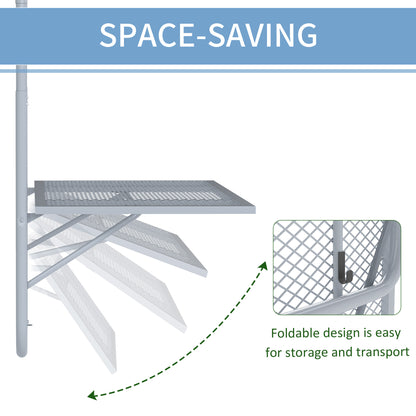 Grey metal hanging table folds down for compact storage