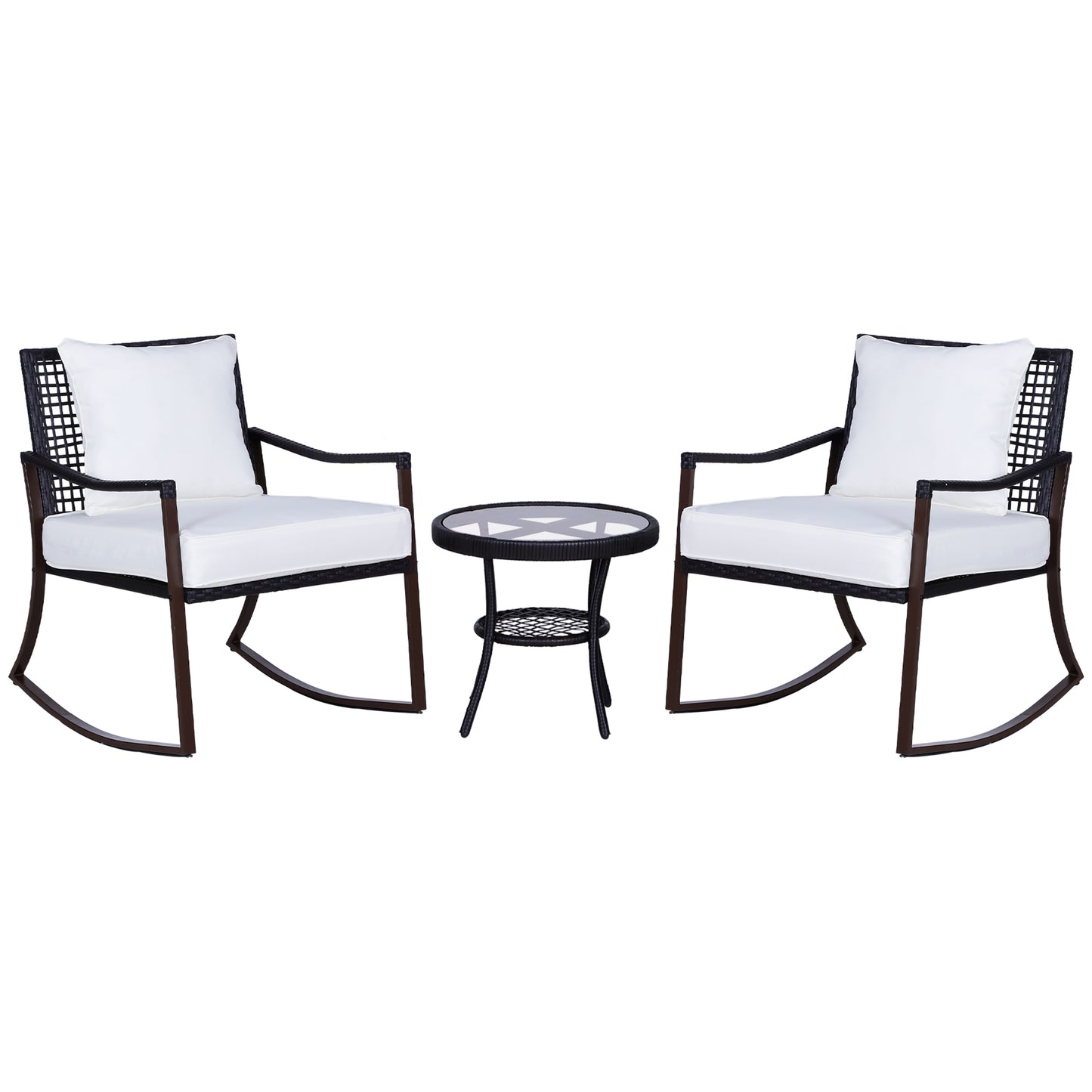 Photo of Outsunny Rattan Bistro Set, 3 Pieces Wicker Garden Furniture Set with Rocking Chairs and Round Glass Top Coffee Table, Small Balcony Furniture with Cushions for Outdoor, Porch, Brown in Brown colour on a white background