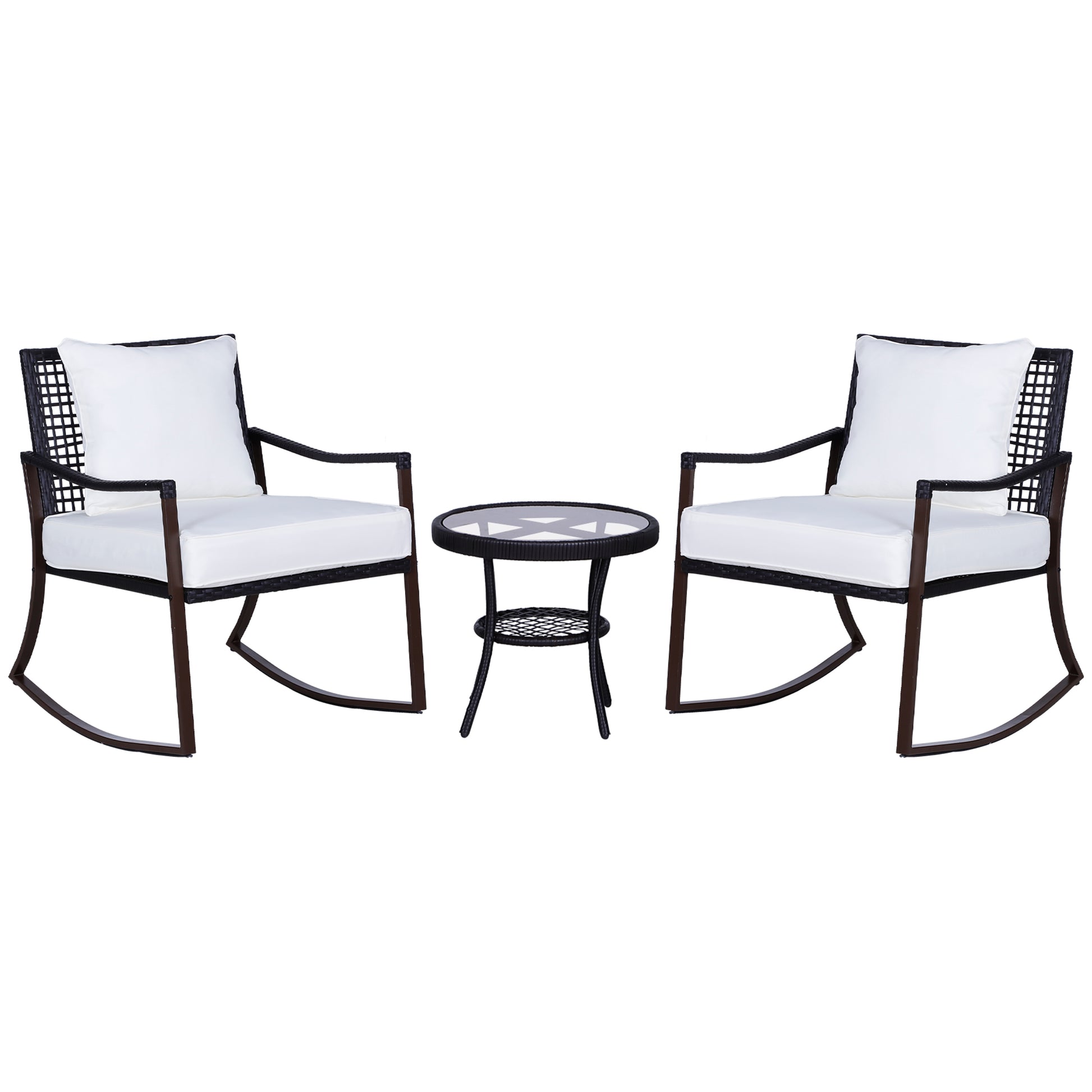 Photo of Outsunny Rattan Bistro Set, 3 Pieces Wicker Garden Furniture Set with Rocking Chairs and Round Glass Top Coffee Table, Small Balcony Furniture with Cushions for Outdoor, Porch, Brown in Brown colour on a white background