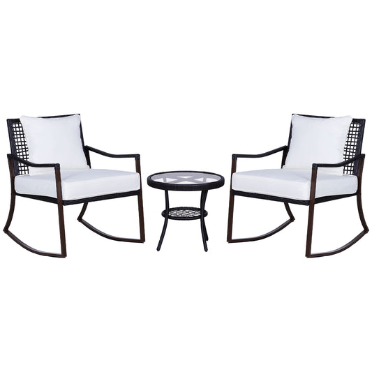 Photo of Outsunny Rattan Bistro Set, 3 Pieces Wicker Garden Furniture Set with Rocking Chairs and Round Glass Top Coffee Table, Small Balcony Furniture with Cushions for Outdoor, Porch, Brown in Brown colour on a white background