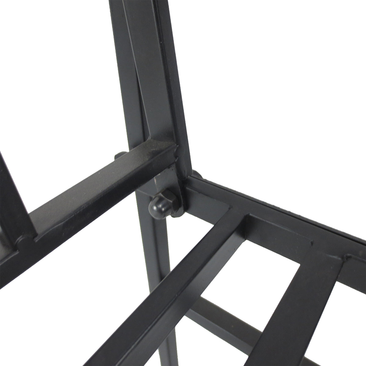 Close-up of black metal bench frame joint and seat slats
