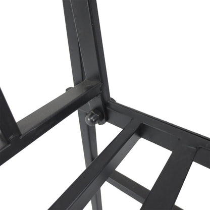 Close-up of black metal bench frame joint and seat slats