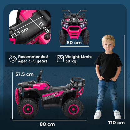 Pink kids' electric ride-on ATV shown with dimensions, age range and weight limit