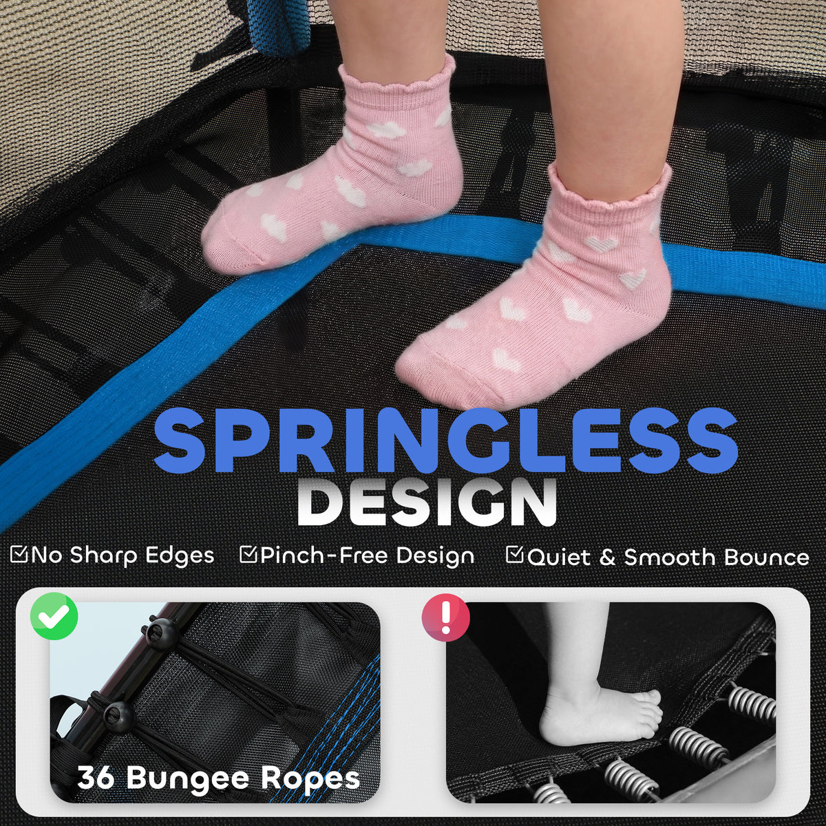 HOMCOM trampoline's black jumping mat with blue border and springless bungee rope design
