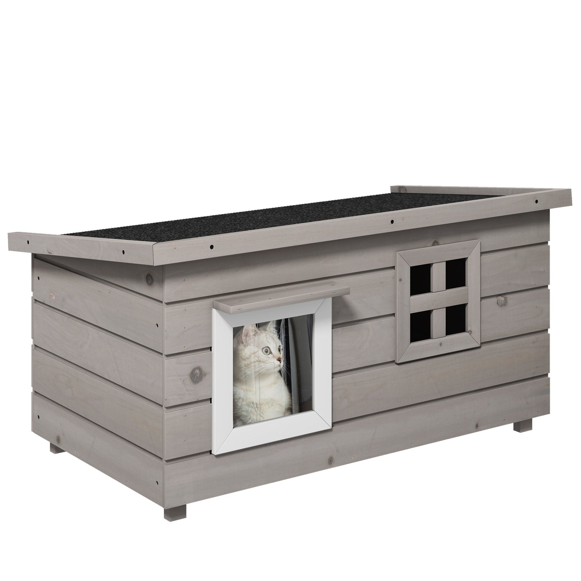 Photo of PawHut Wooden Outdoor Cat House, Elevated Cat Shelter Kennel, Pet Play House with Openable Top, Asphalt Roof, Window, Grey in Grey colour on a white background