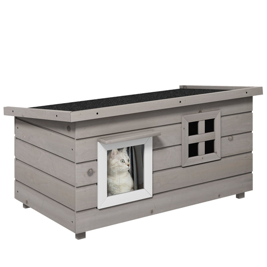 Photo of PawHut Wooden Outdoor Cat House, Elevated Cat Shelter Kennel, Pet Play House with Openable Top, Asphalt Roof, Window, Grey in Grey colour on a white background