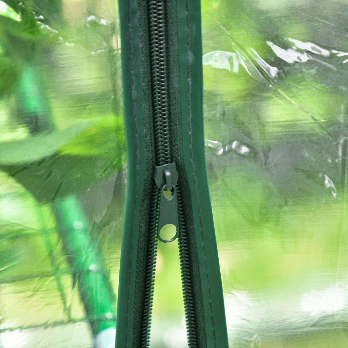 Greenhouse cover zipper and pull tab close-up