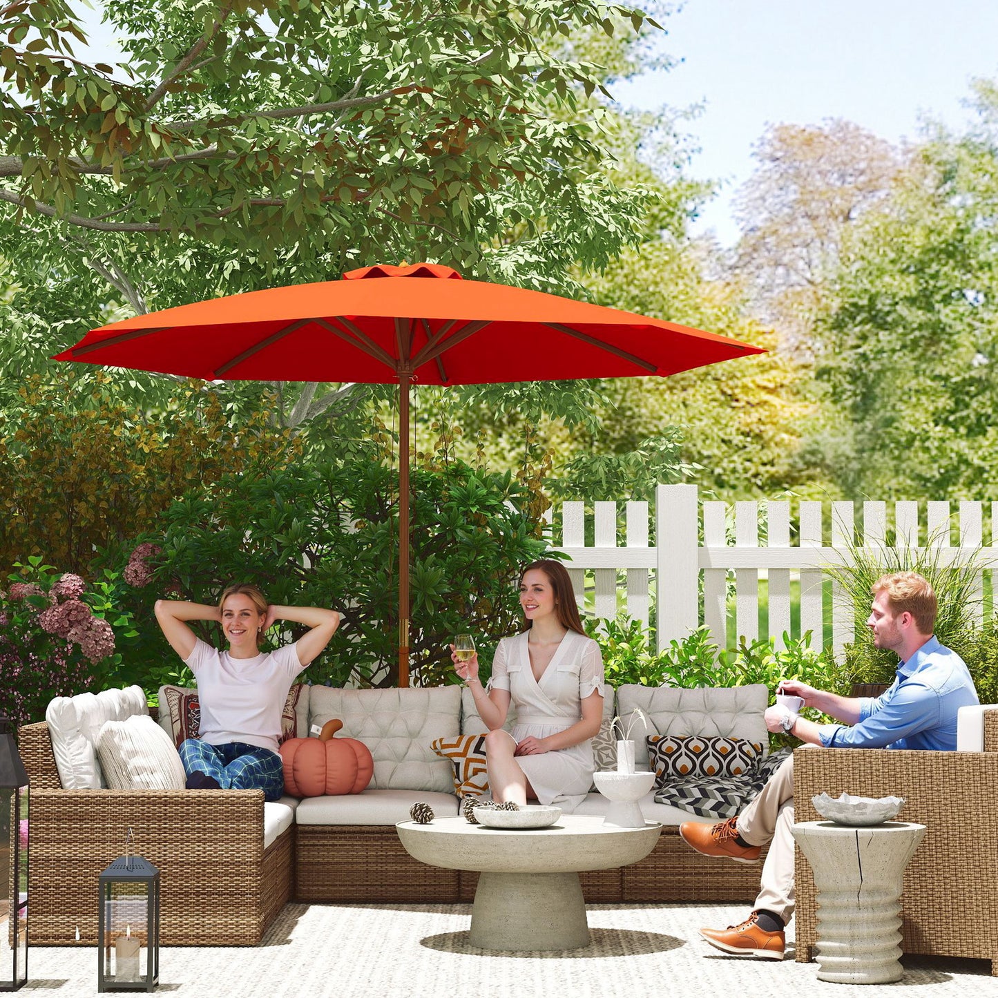 Outsunny 3m Wood Pole Parasol Umbrella - Orange