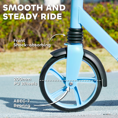 Blue scooter front wheel with black fender, shock absorber, and five-spoke wheel.