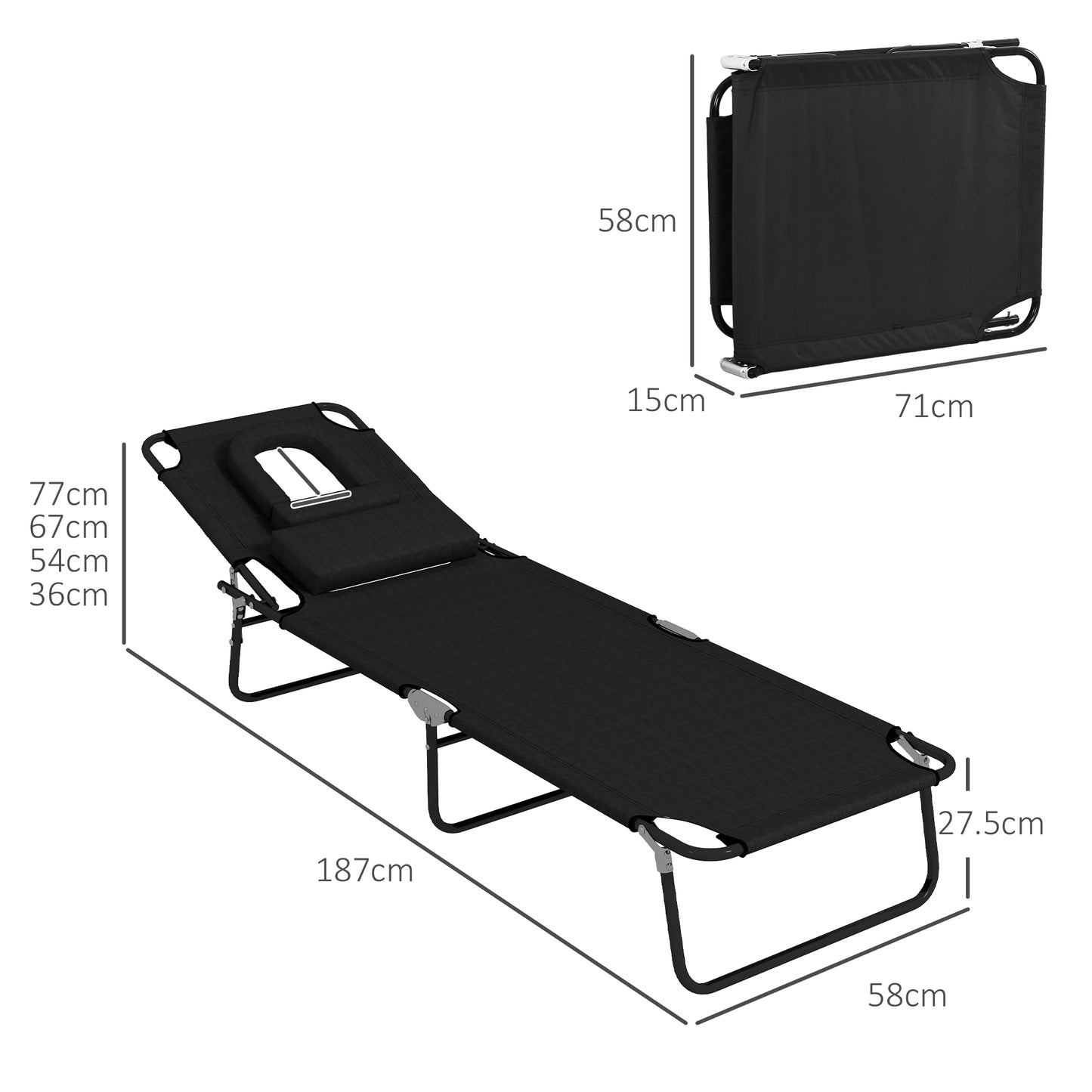 Outsunny Folding Sun Loungers Set of 2 with Face Hole, 4-Position Adjustable Backrest Garden Recliner Chairs Sunbeds, Outdoor Lounge Chairs with 600 D Oxford Cloth Seat, Pillow for Beach, Black